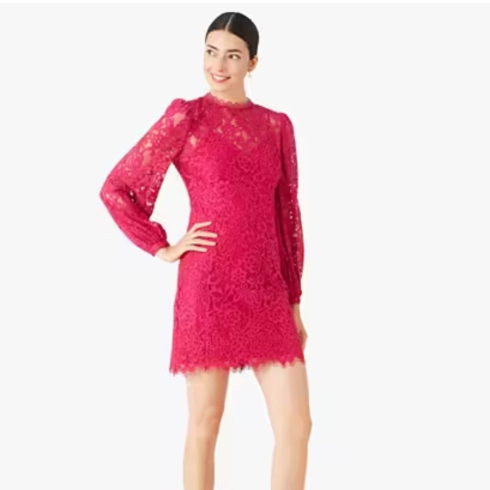 Kate Spade New York Hot Pink Floral Lace Mock Neck Puff Sleeve Mini Dress 2 NWOT